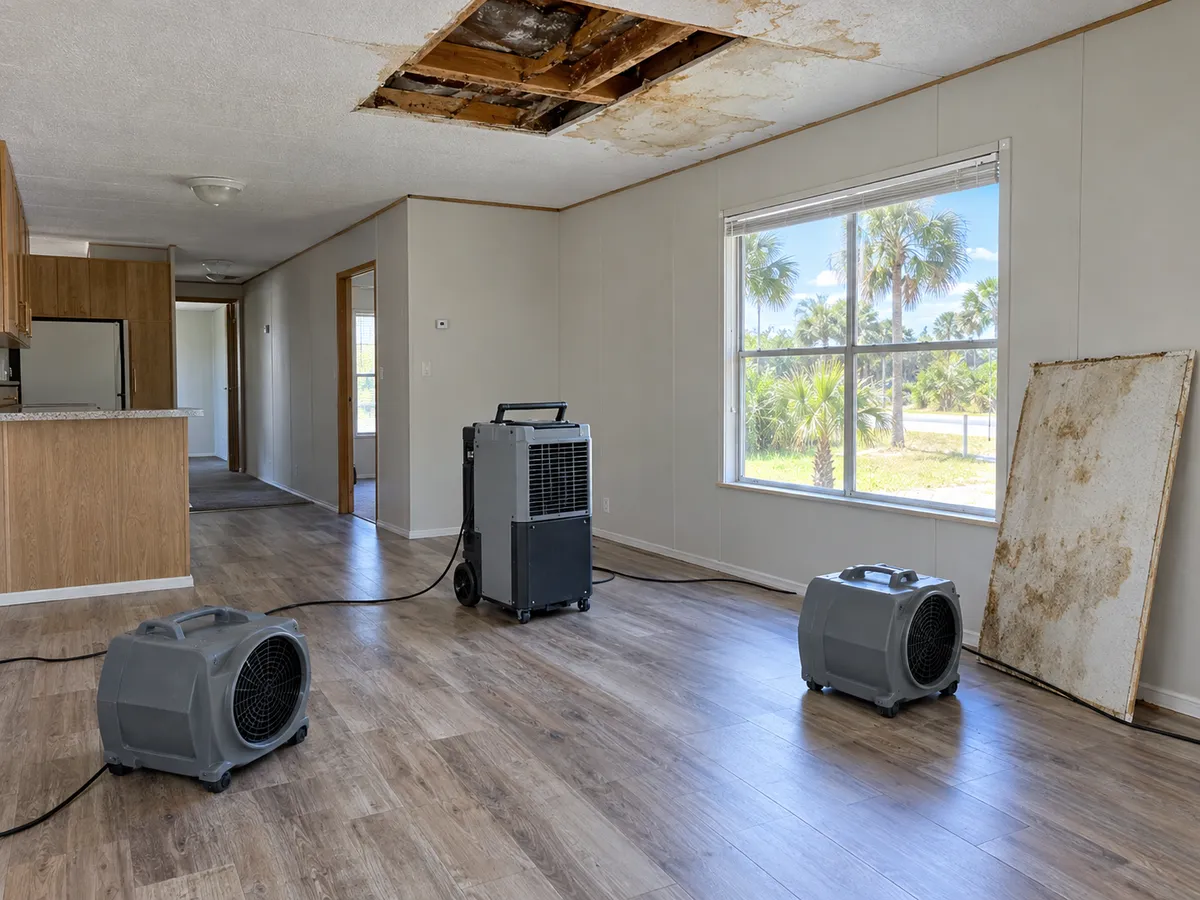 Air movers drying the floor of a manufactured home after a roof leak